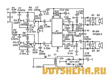 Стереоусилитель на микросхеме TDA2005