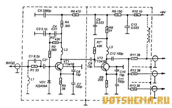 Схема двухкаскадного малошумящего антенного усилителя DVB-T2.