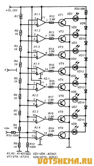 Схема светодиодной шкалы для радиоприемника
