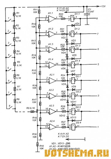 Схема передачи 8 команд управления по двум проводам