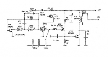 Схема генератора высоковольтных импульсов на мультивибраторе