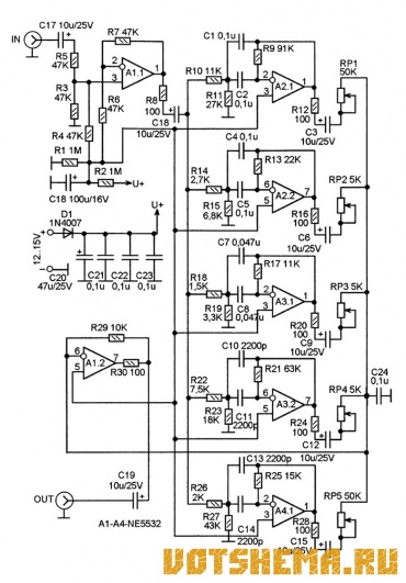Схема 5-ти полосного эквалайзера